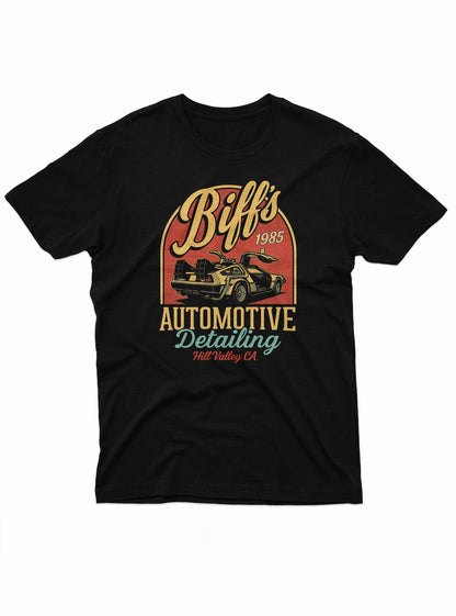 Black t-shirt featuring a retro graphic of a gull-wing car resembling the DeLorean with doors open.