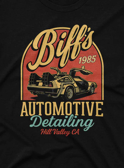 Large stylized text reads “Biff’s Automotive Detailing – Hill Valley CA” in vintage red, gold, and blue colors.