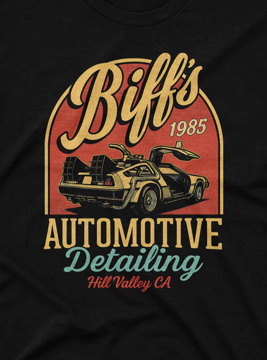 Large stylized text reads “Biff’s Automotive Detailing – Hill Valley CA” in vintage red, gold, and blue colors.