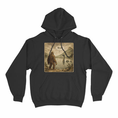 Funny Bigfoot hoodie featuring cryptid humor artwork and bruh text