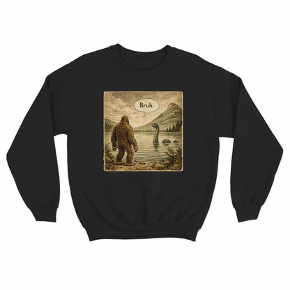 Funny cryptid graphic sweater featuring Bigfoot and Loch Ness Monster artwork