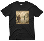 Funny Bigfoot graphic tee showing Bigfoot facing the Loch Ness Monster saying bruh