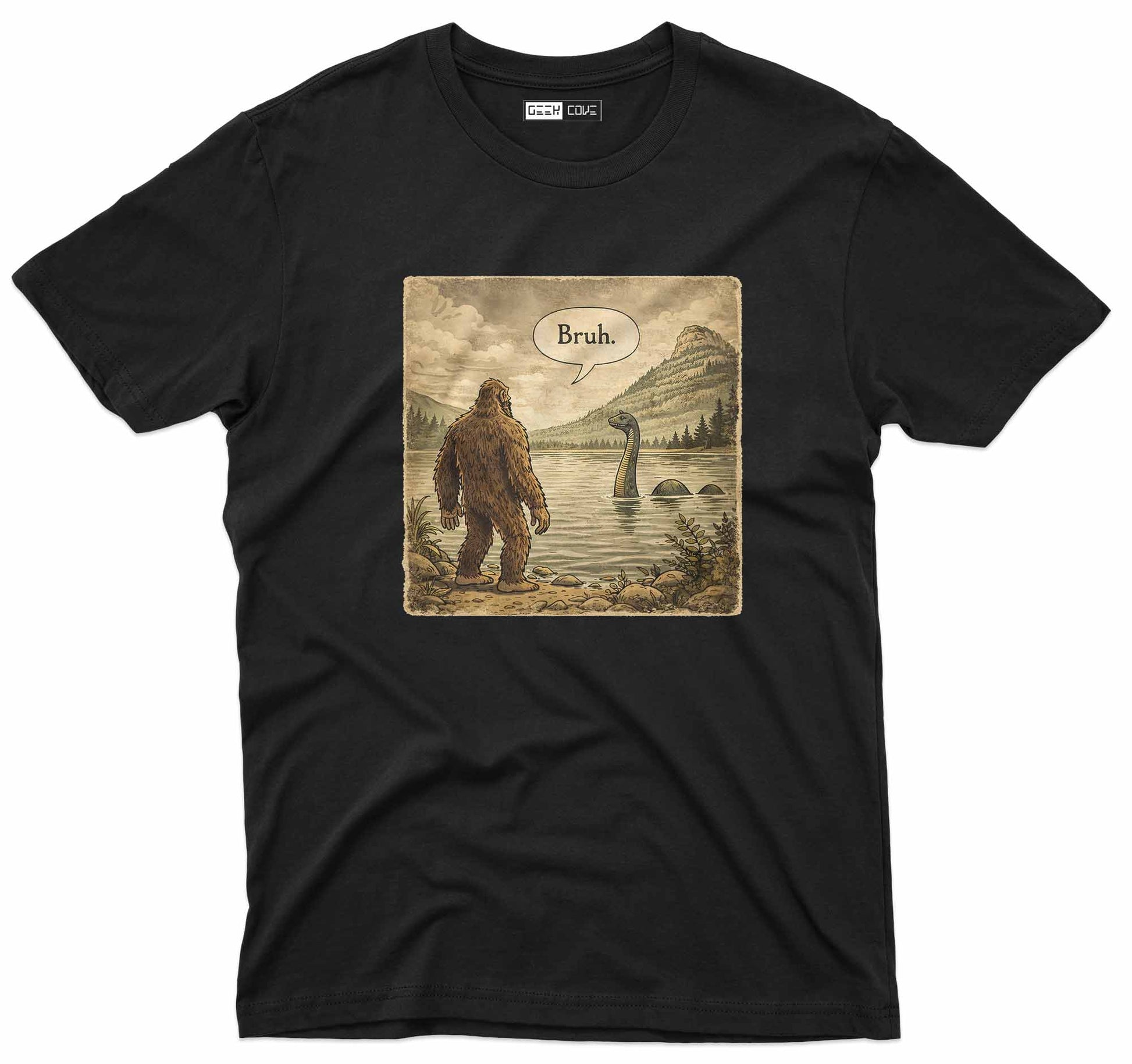 Funny Bigfoot graphic tee showing Bigfoot facing the Loch Ness Monster saying bruh
