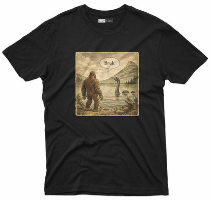 Funny Bigfoot graphic tee showing Bigfoot facing the Loch Ness Monster saying bruh