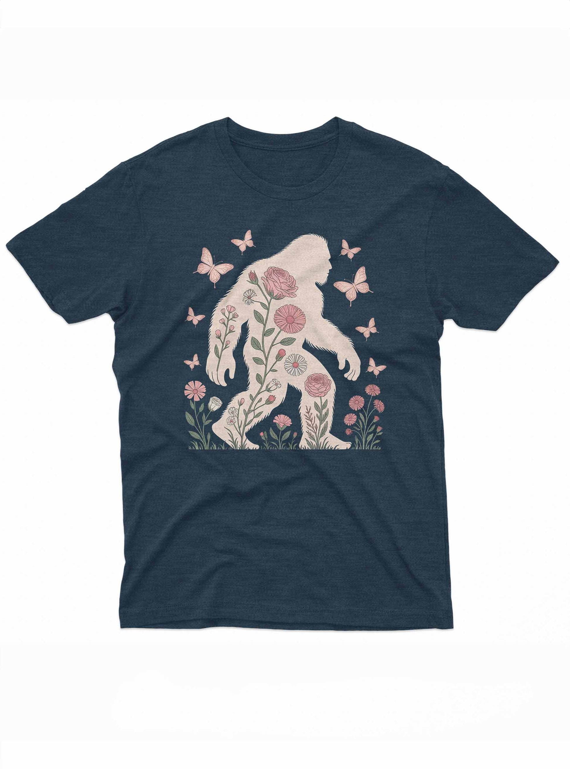 A silhouette of Bigfoot filled with illustrated pink flowers and green stems, surrounded by pink butterflies.