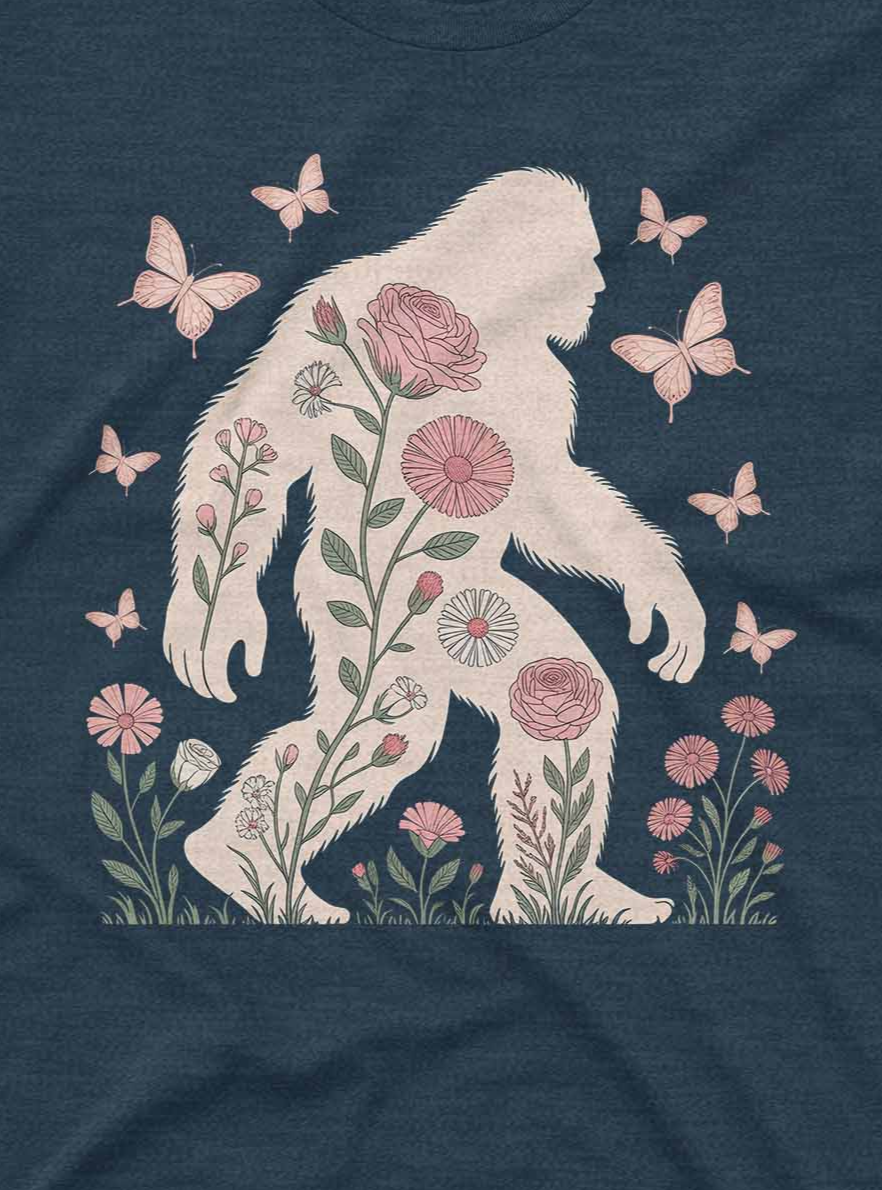 Floral yeti design with detailed botanical elements replacing Bigfoot's fur, creating a dreamy aesthetic.