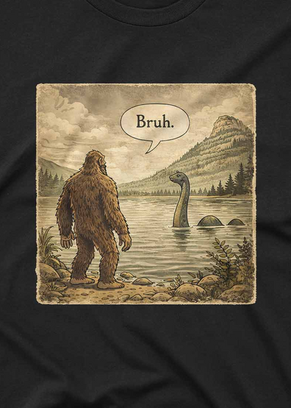 Vintage cryptid humor t shirt featuring Bigfoot and Nessie illustration