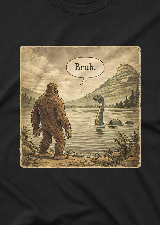 Vintage cryptid humor t shirt featuring Bigfoot and Nessie illustration