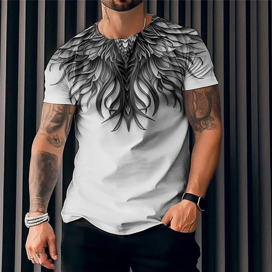 Men's black T-shirt with a vibrant phoenix design featuring spread wings in shades of red and orange.