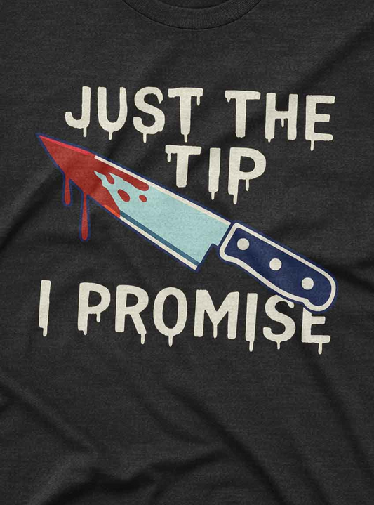 Custom tee shirt featuring spooky knife design with dripping blood lettering