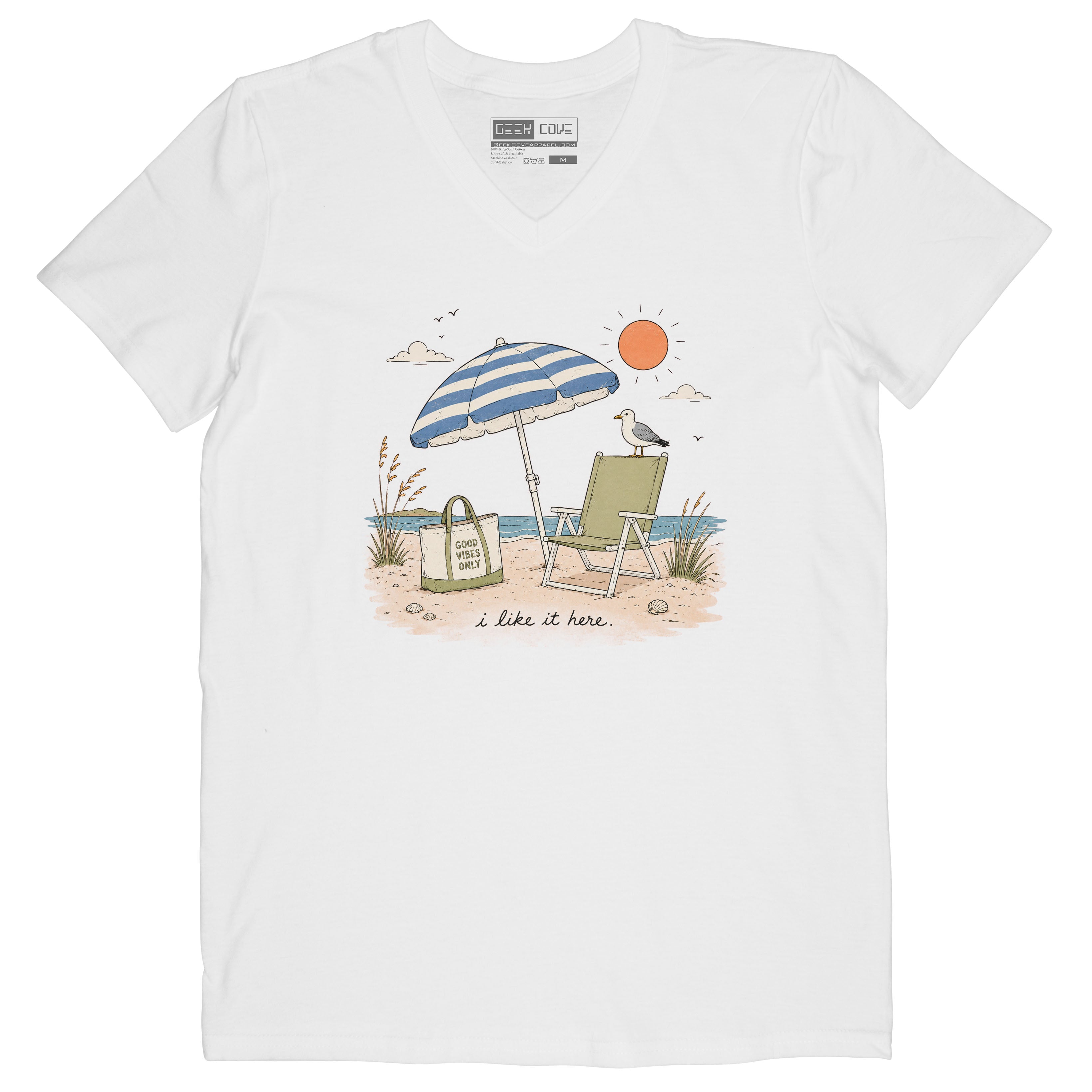 Blue summer vacation T Shirt with minimalist coastal beach scene, seagull, sun, and relaxed phrase.