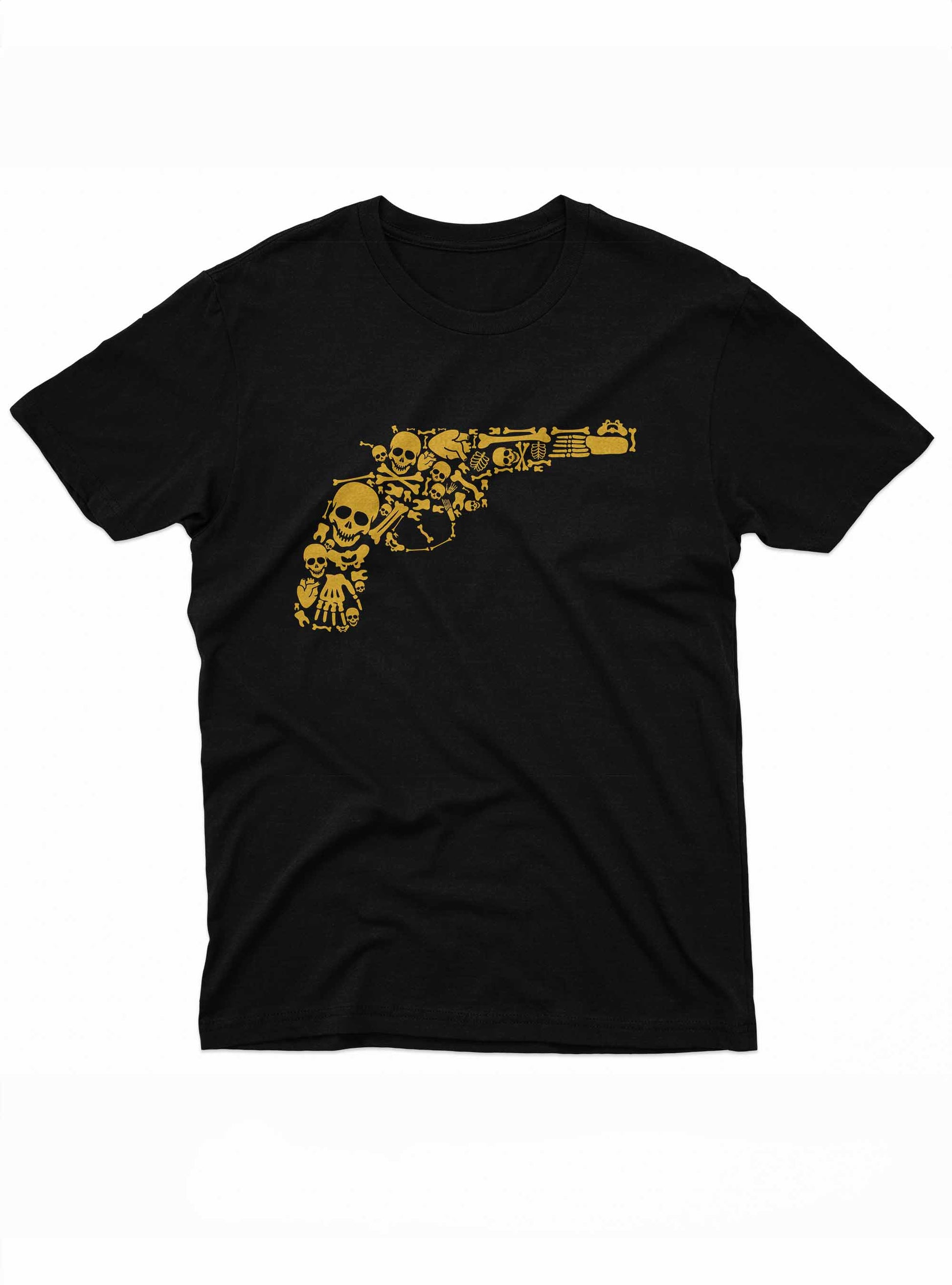 An illustration depicting a revolver made entirely from skulls, bones, and skeletons. The gun design uses shades of yellow and orange on a black background, combining dark and edgy imagery with creative artistry.