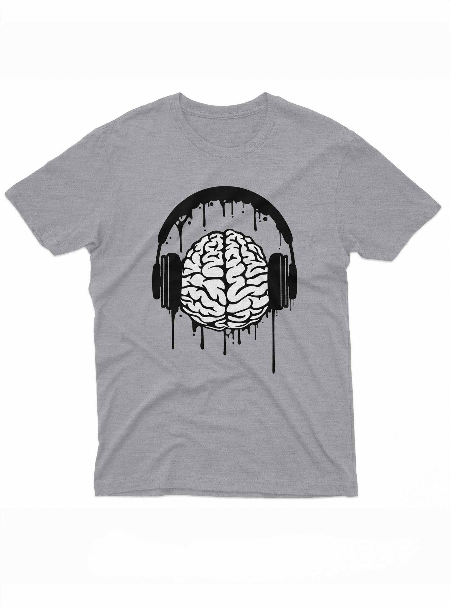 an illustration of a brain wearing headphones, depicted in an artistic, dripping style. the image symbolizes the connection between music and creativity, blending vivid visuals with an imaginative design on a t-shirt