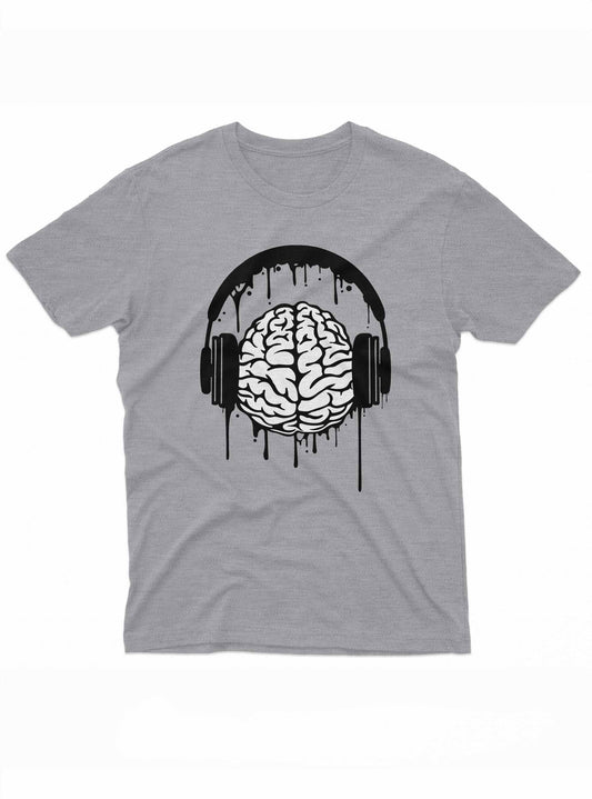 An illustration of a brain wearing headphones, depicted in an artistic, dripping style. The image symbolizes the connection between music and creativity, blending vivid visuals with an imaginative design on a T-shirt