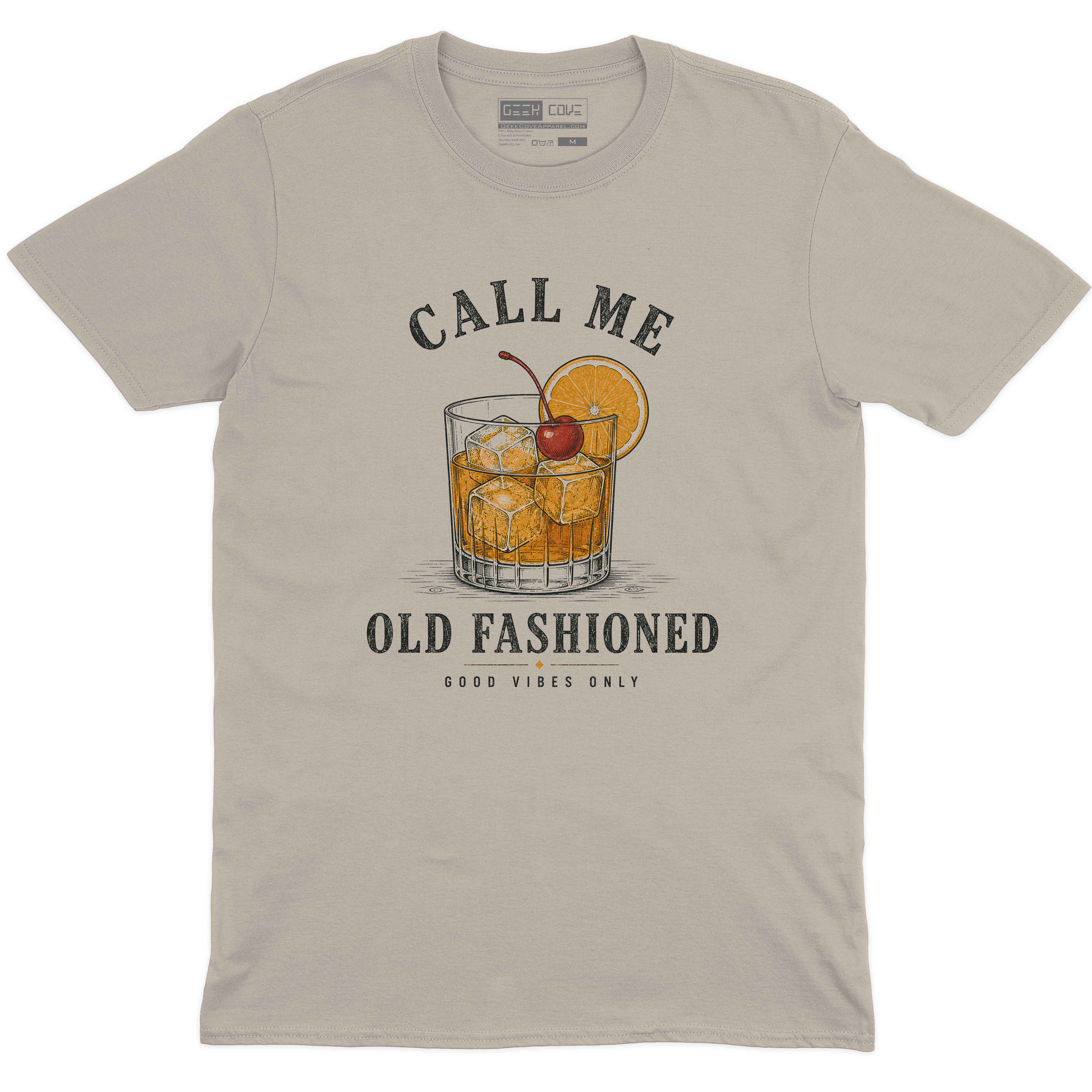 Call Me Old Fashioned Good Vibes men’s crew neck tee in sand with vintage cocktail graphic
