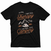A graphic of a tent pitched beneath mountain peaks is centered between stylized vintage text.
