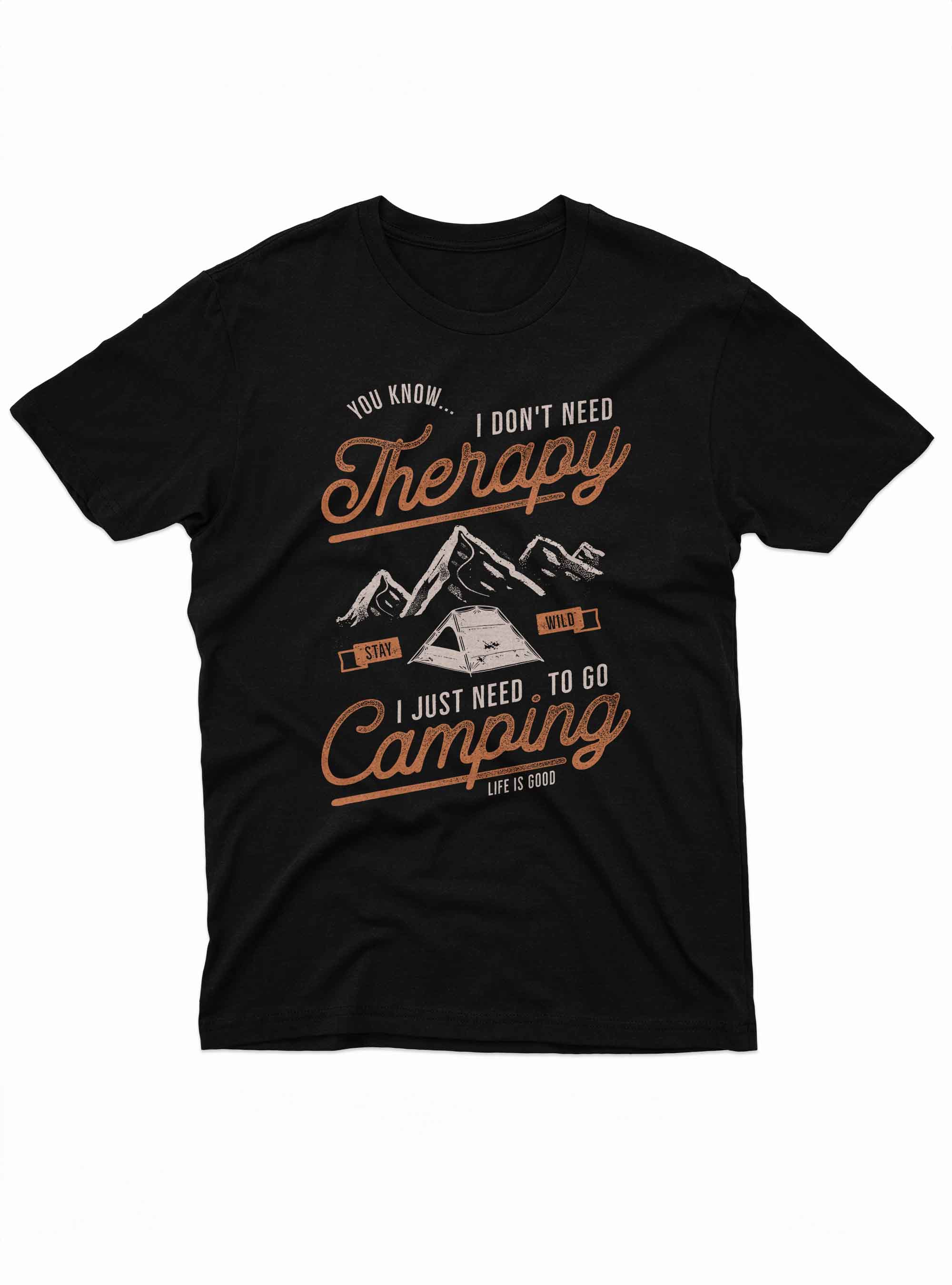 A graphic of a tent pitched beneath mountain peaks is centered between stylized vintage text.