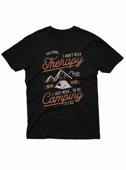 A graphic of a tent pitched beneath mountain peaks is centered between stylized vintage text.