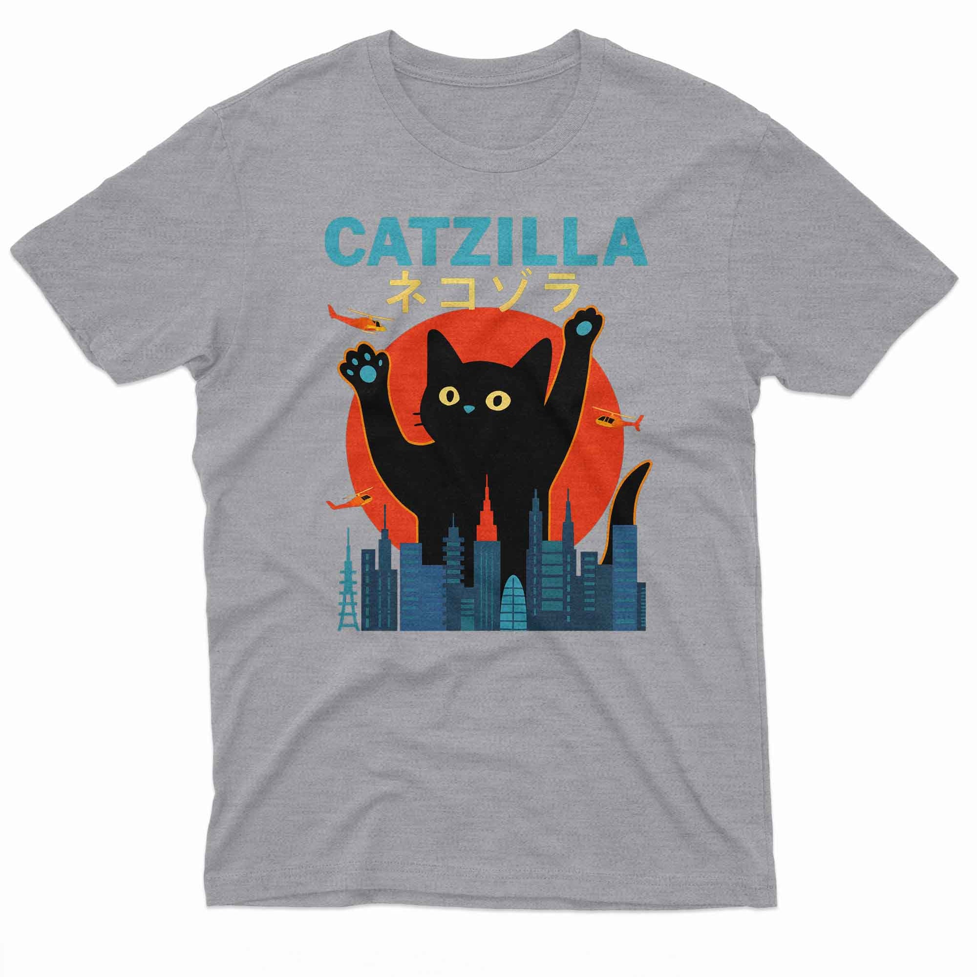 A cartoon-style black cat appears massive, raising both paws as it looms over a modern city skyline, mimicking a Godzilla-like stance.