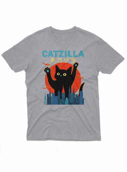 A cartoon-style black cat appears massive, raising both paws as it looms over a modern city skyline, mimicking a Godzilla-like stance.