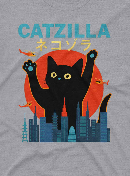 The shirt is light gray, giving the vibrant reds, blues, and blacks a sharp and eye-catching contrast.