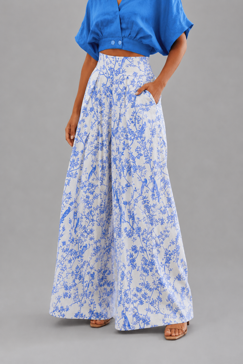 Women's printed commuter wide leg pants in blue botanical print, front view