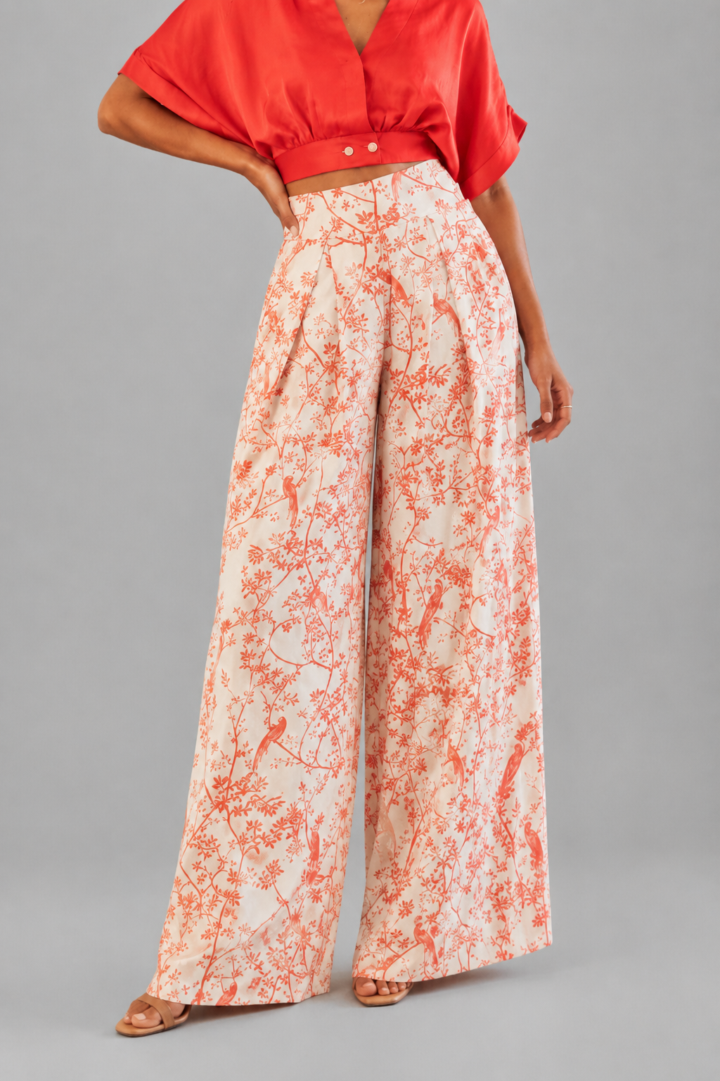 Women's printed commuter wide leg pants in red orange botanical print, front view