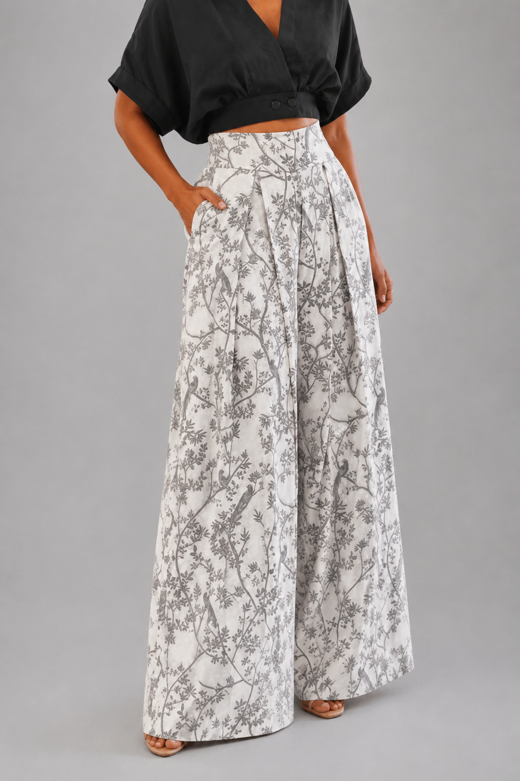 Women's printed commuter wide leg pants in black grey botanical print, front view