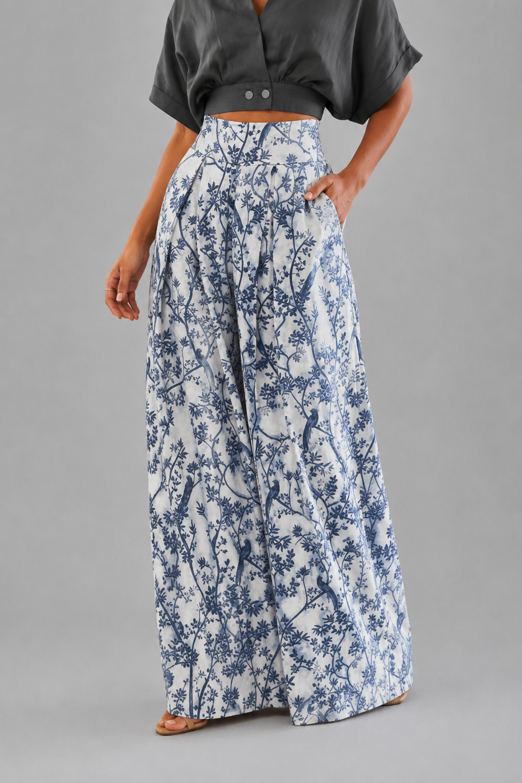 Women's printed commuter wide leg pants in black blue botanical print, front view