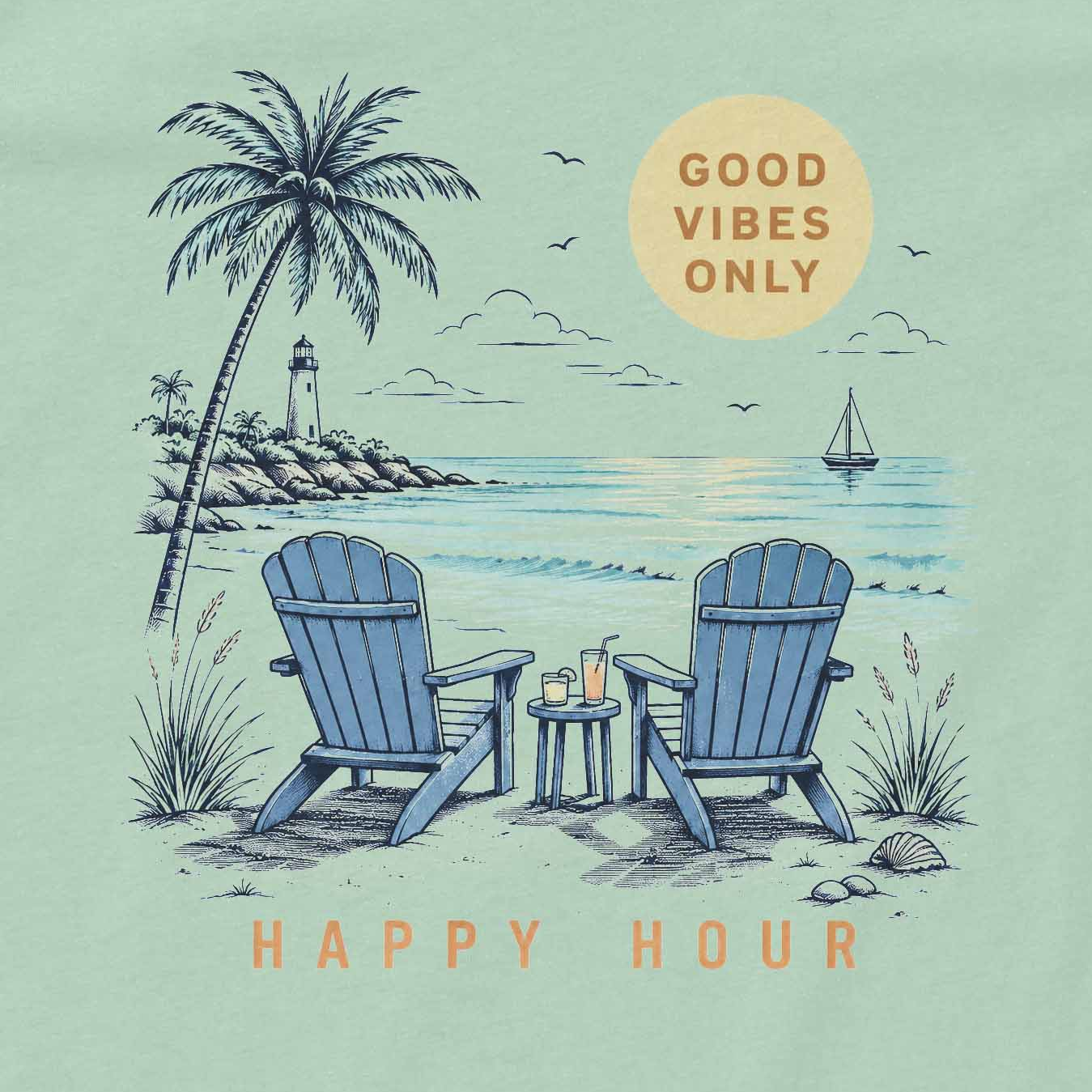 Mint green women’s summer shirt with palm tree beach vacation artwork
