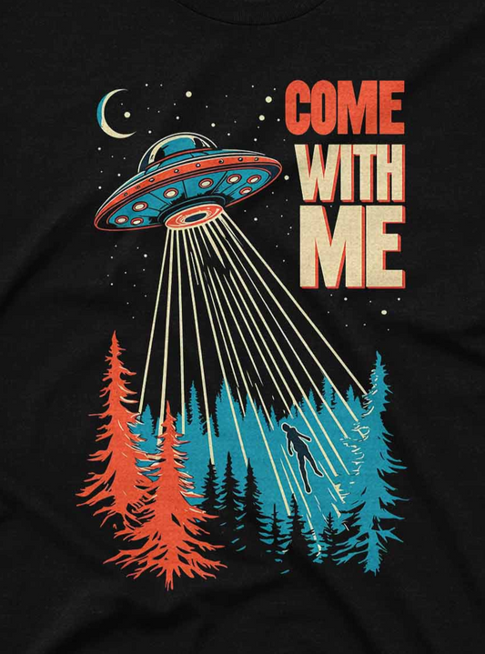 Vintage aesthetic alien abduction scene on a black tee, complete with crescent moon, stars, and deep-space vibes.