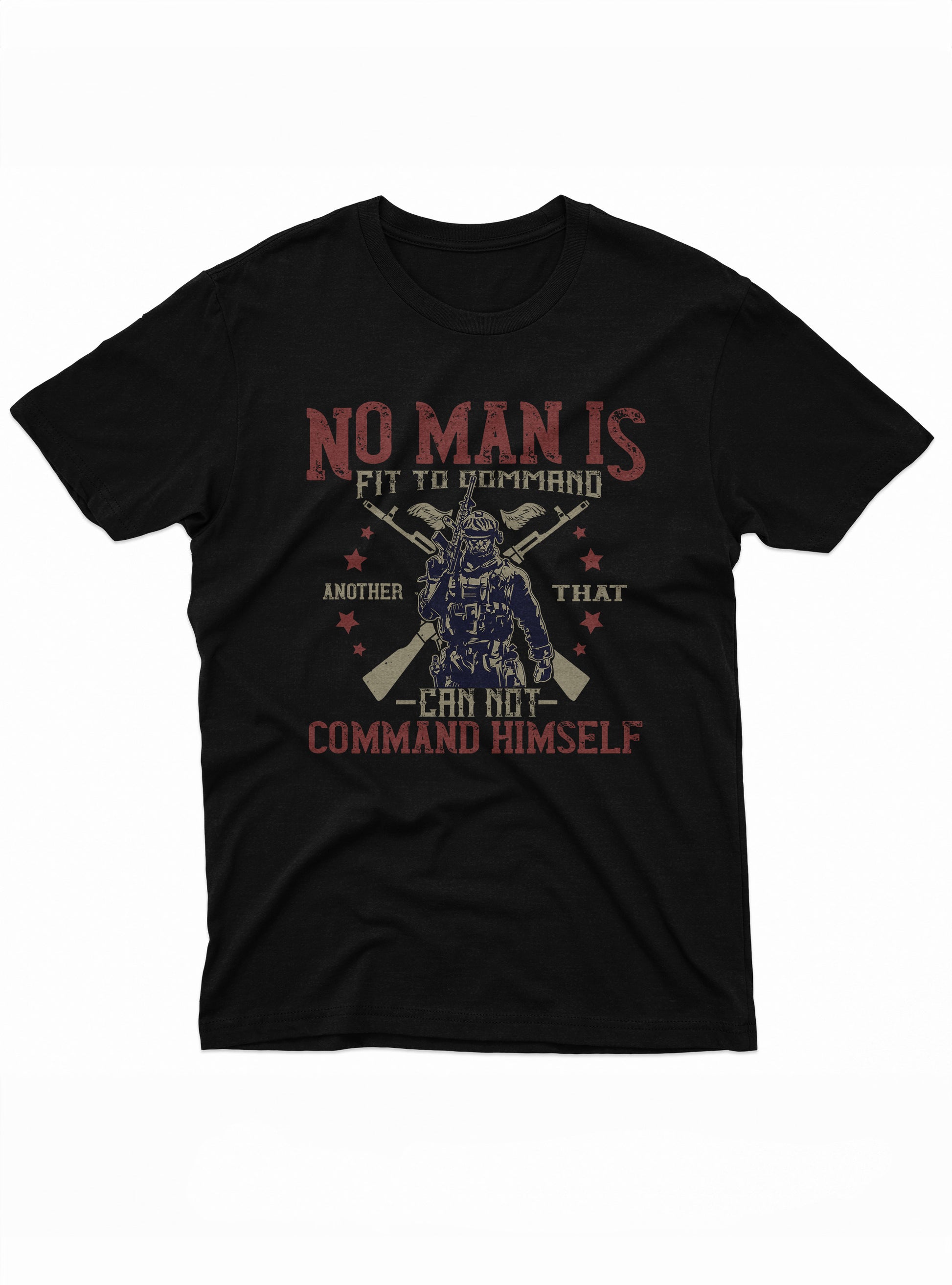 Patriotic-themed shirt with bold red and tan text and a graphic of a fully equipped soldier standing between crossed rifles.