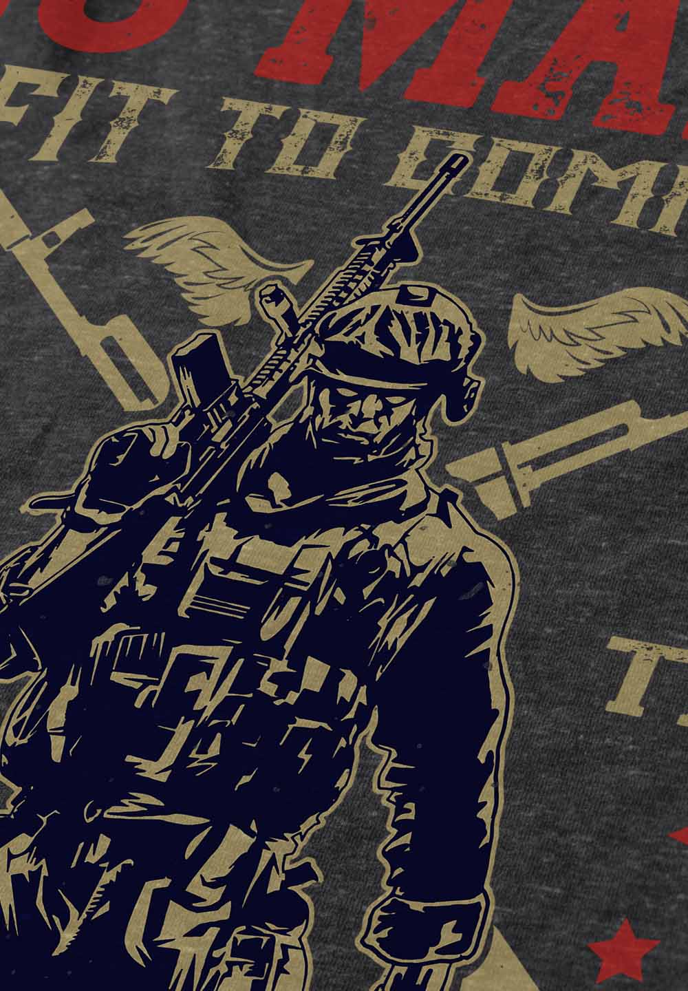 A t-shirt design showcases a military-themed graphic with a soldier centered between crossed rifles, overlaid by a philosophical quote about command and self-control in bold, distressed typography. The design emphasizes the importance of personal discipline in leadership roles.