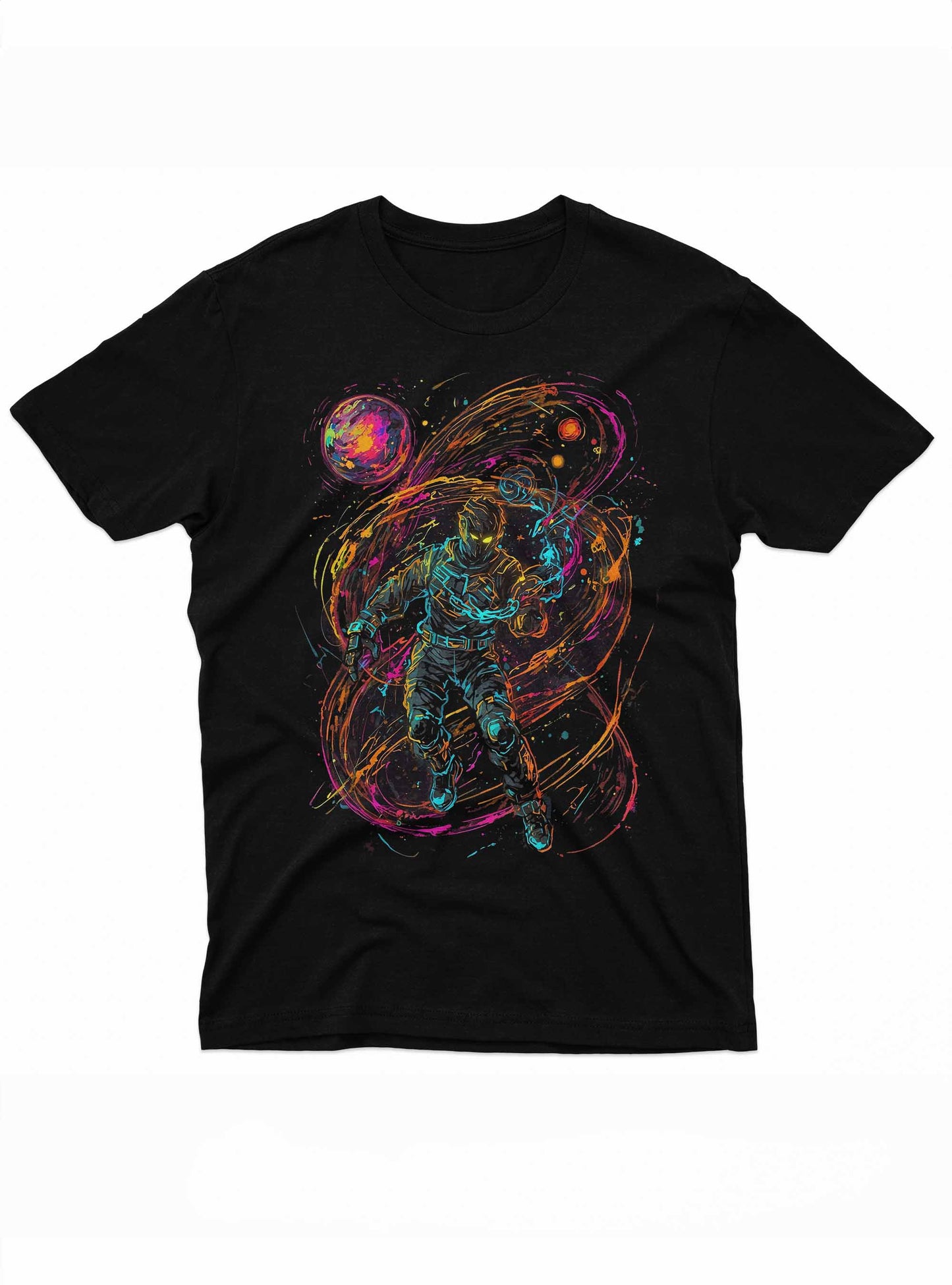 an illustration showcasing a dramatic cosmic collision between celestial bodies, depicted in vivid colors against a black background. the artwork evokes a sense of cosmic adventure and power, with swirling colors and interstellar elements that capture the vastness and beauty of space.