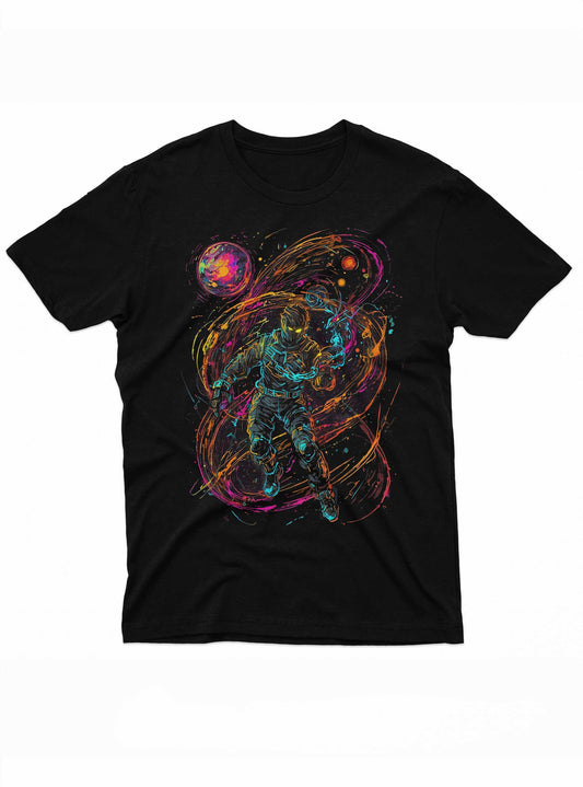 An illustration showcasing a dramatic cosmic collision between celestial bodies, depicted in vivid colors against a black background. The artwork evokes a sense of cosmic adventure and power, with swirling colors and interstellar elements that capture the vastness and beauty of space.
