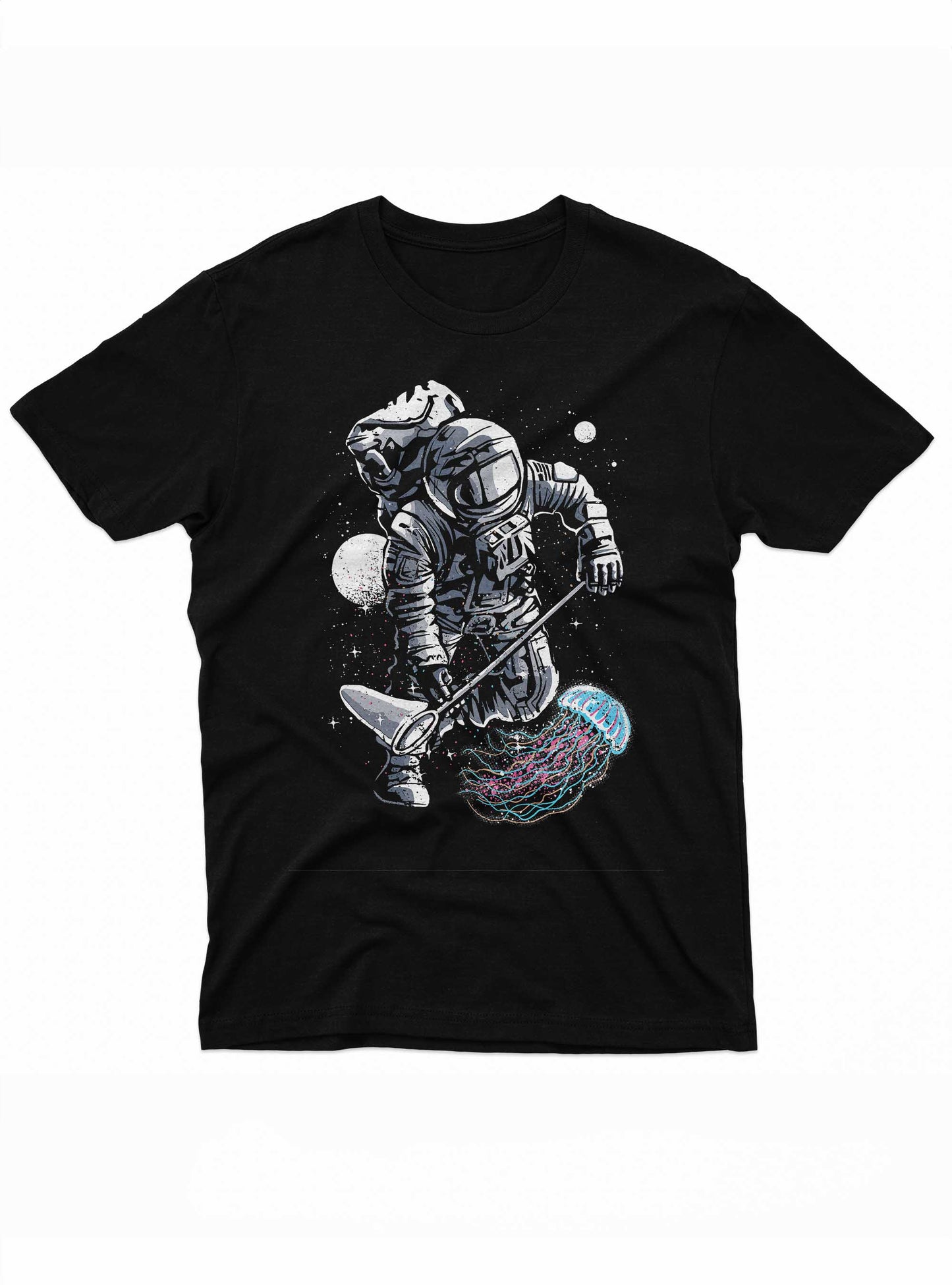 the graphic on the t-shirt presents a space-themed scene where an astronaut, dressed in full gear, uses a fishing pole to catch a jellyfish. the jellyfish is depicted with bright, flowing tentacles in shades of pink and blue, contrasting dramatically with the dark space and starry background.