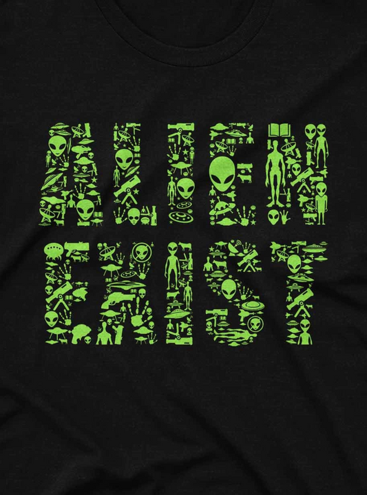 The image consists of two lines of large letters forming the phrase "ALIEN EXIST," each letter being filled with small, iconic symbols related to aliens, UFOs, and space. The symbols inside the letters include alien heads, UFOs, rockets, and other space-themed imagery, all depicted in a bright green color against a black background.
