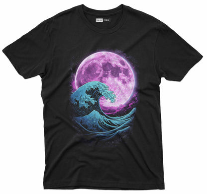 Cosmic moon wave graphic tee with neon ocean artwork