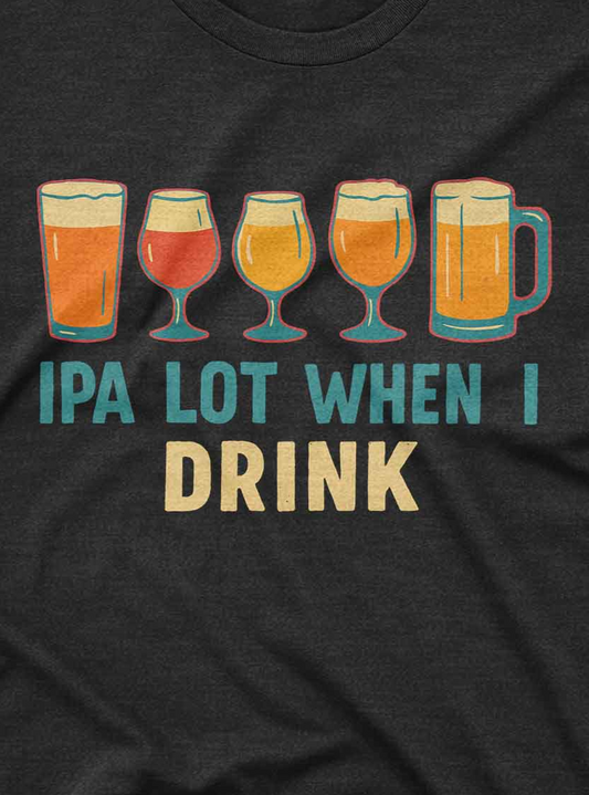 Custom tee shirt featuring colorful pint glasses and witty drinking slogan