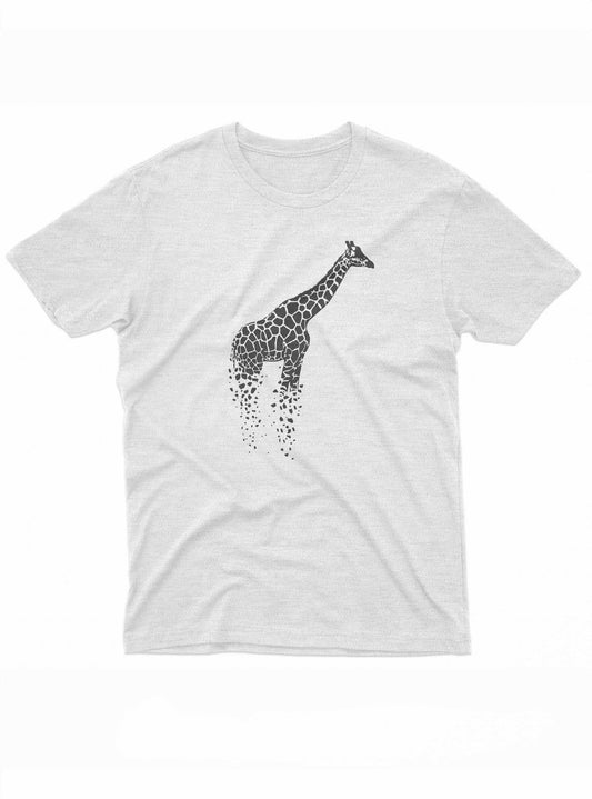An illustration featuring the silhouette of a giraffe with a dissolving effect at the lower half, appearing to break into small geometric shapes. The image is a creative representation of the natural world and wildlife conservation.