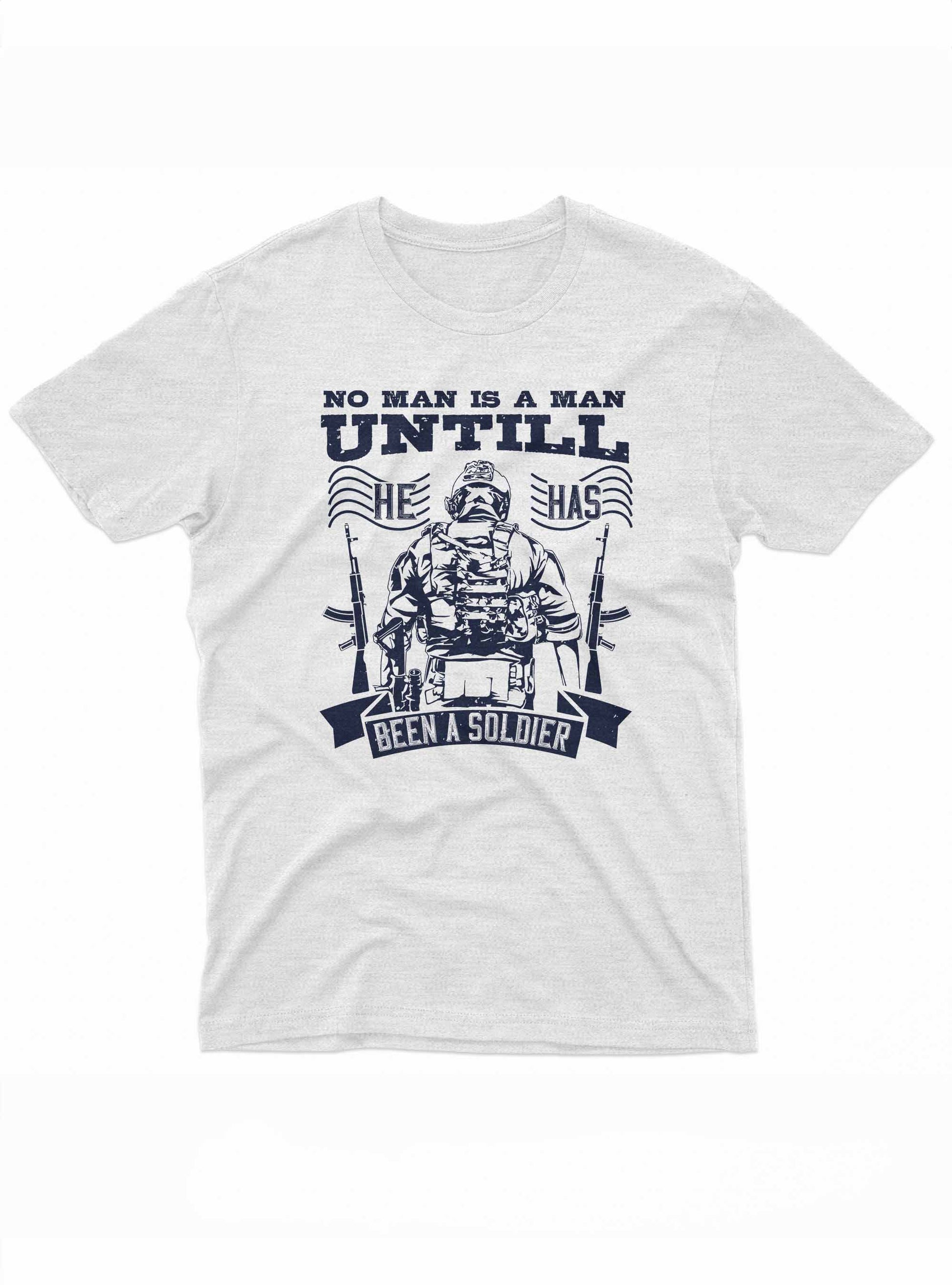 Graphic tee featuring a bold quote in capital letters with a soldier, two rifles, and American flags in the design.