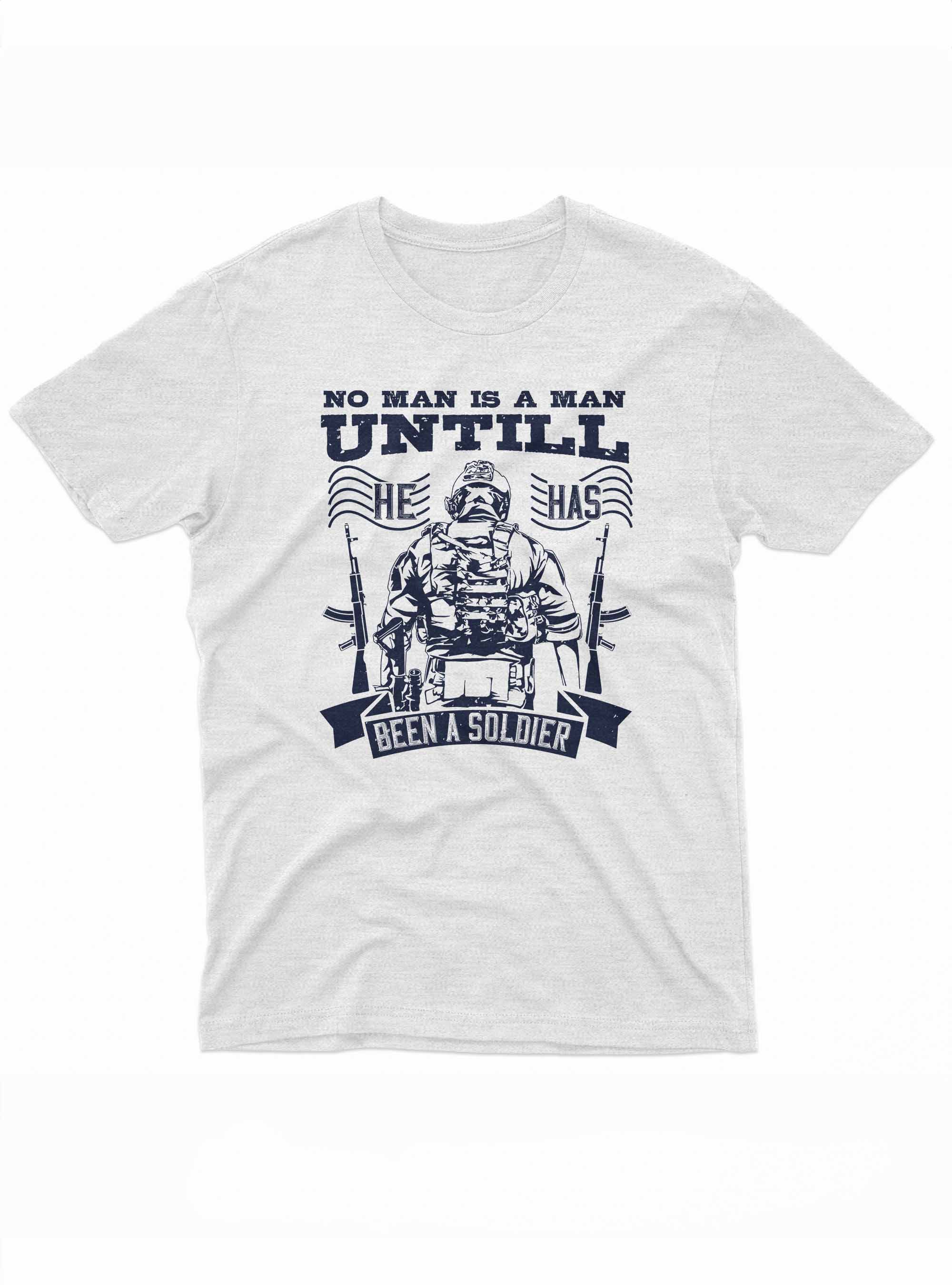 Graphic tee featuring a bold quote in capital letters with a soldier, two rifles, and American flags in the design.