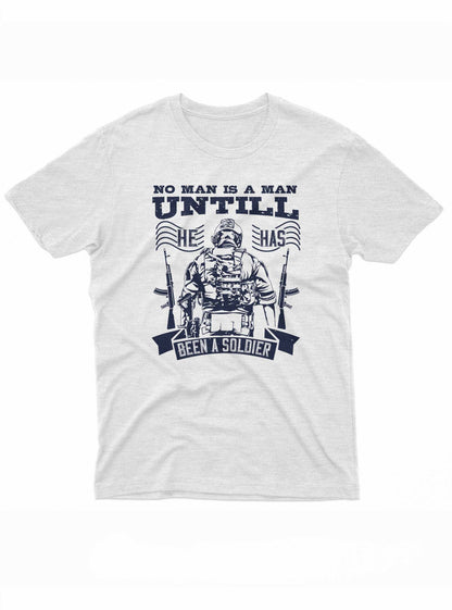 Graphic tee featuring a bold quote in capital letters with a soldier, two rifles, and American flags in the design.