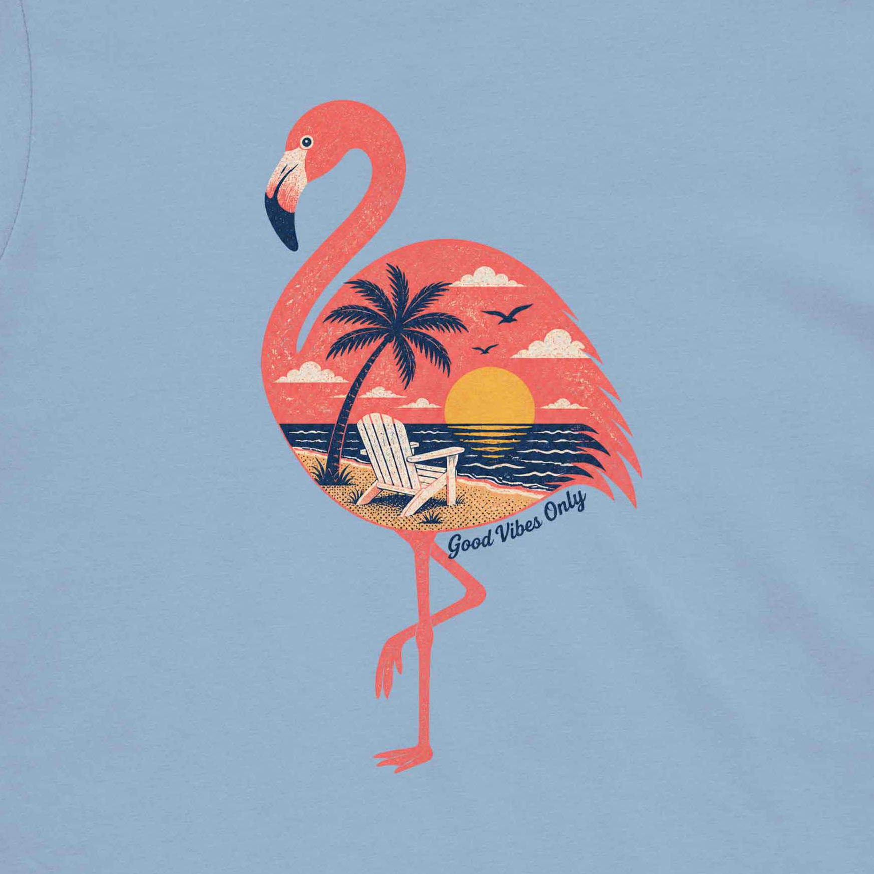 Light blue womens flamingo T shirt featuring coastal sunset artwork and palm tree graphics