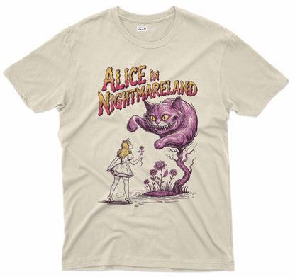 Custom t shirt with twisted Cheshire cat and gothic wonderland artwork