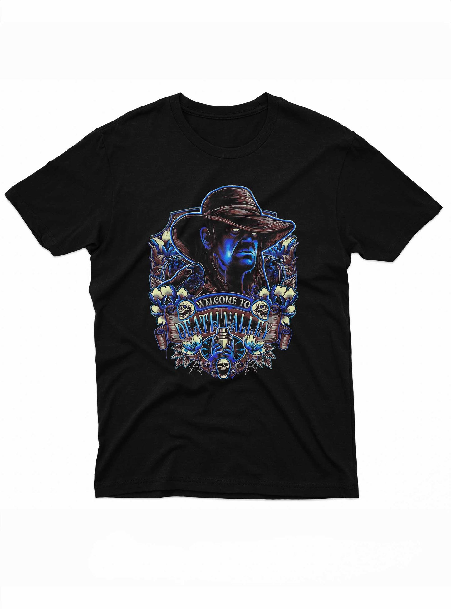 men's black halloween t-shirt featuring a neon blue ghostly cowboy with skulls and eerie floral patterns around him.