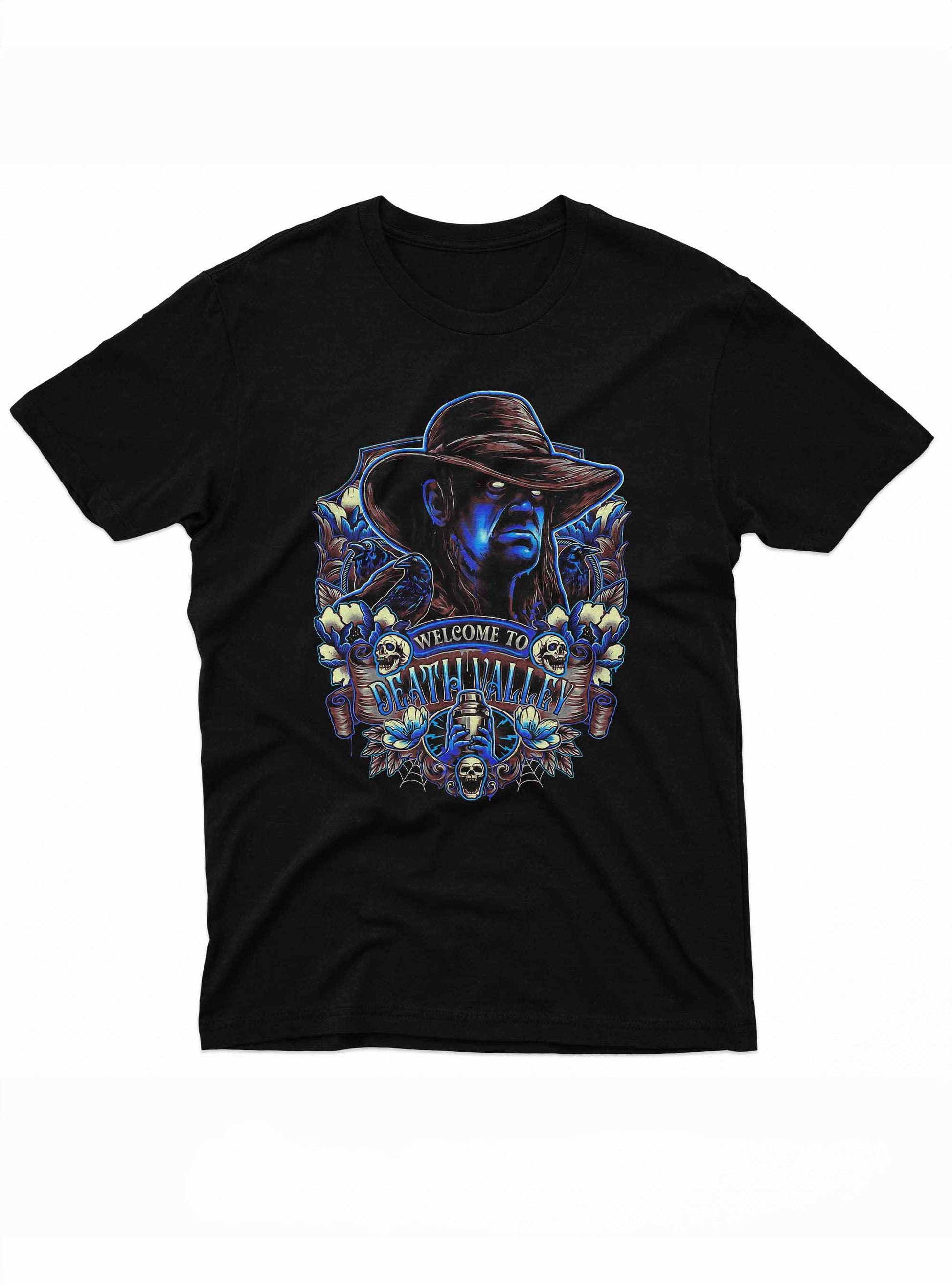 Men's black Halloween T-shirt featuring a neon blue ghostly cowboy with skulls and eerie floral patterns around him.