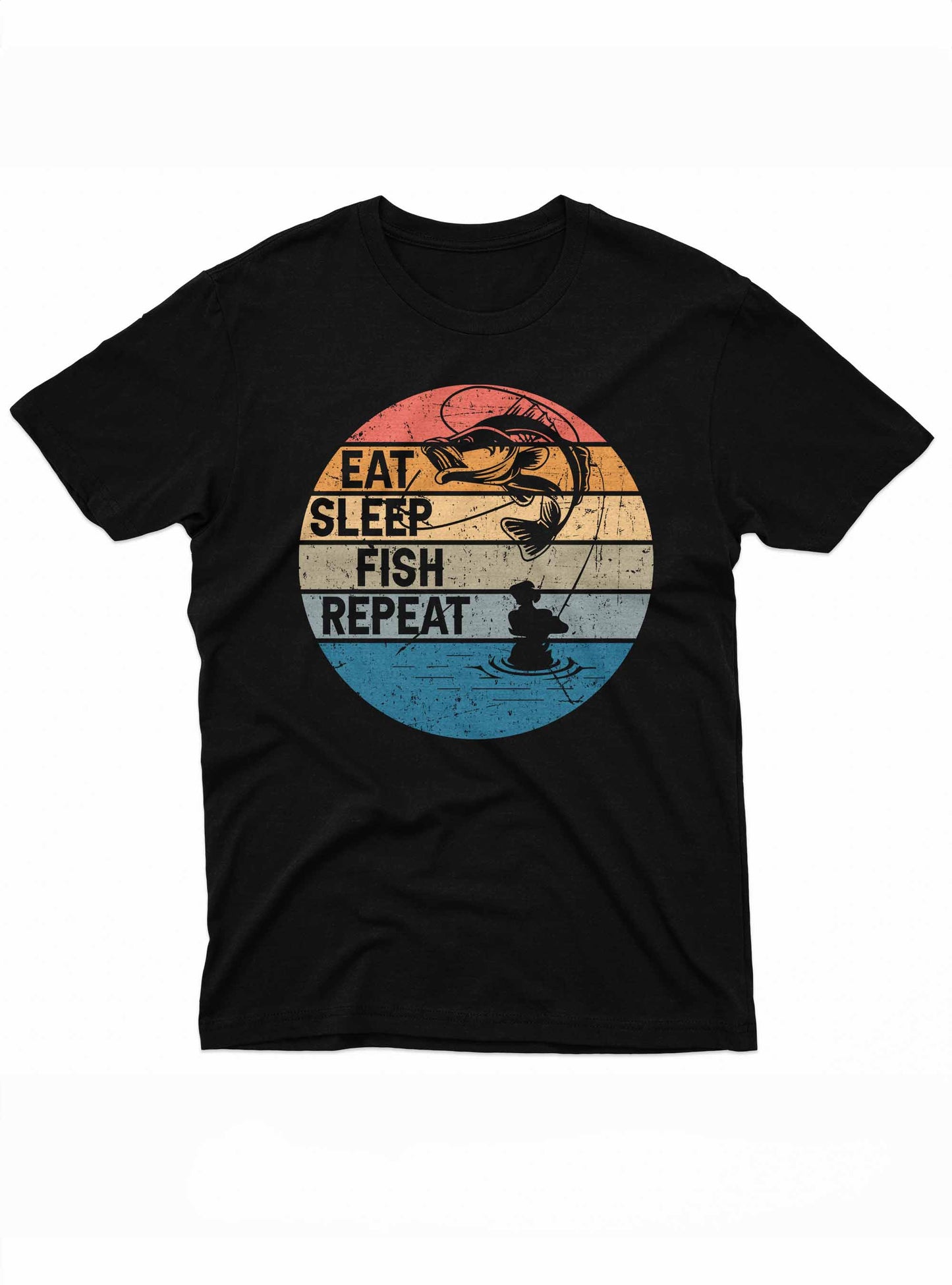 the image features a t-shirt design with a circular graphic divided into sunset-colored stripes of red, orange, and blue. it includes the text "eat sleep fish repeat" arranged vertically. above the text, a fish is leaping out of the water, and below, a silhouette of a fisherman sitting in a boat.