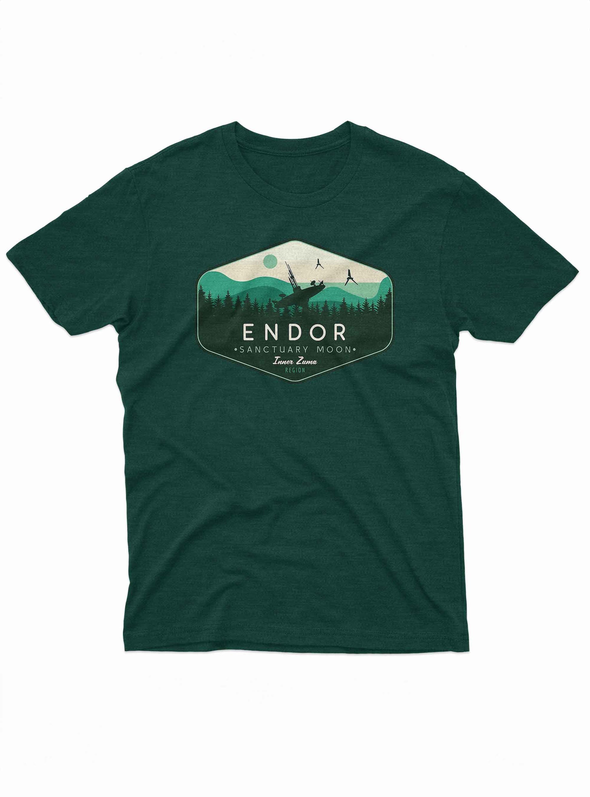 Graphic on the shirt resembles a retro national park logo, but themed around the Star Wars planet Endor.