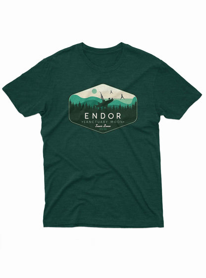 Graphic on the shirt resembles a retro national park logo, but themed around the Star Wars planet Endor.